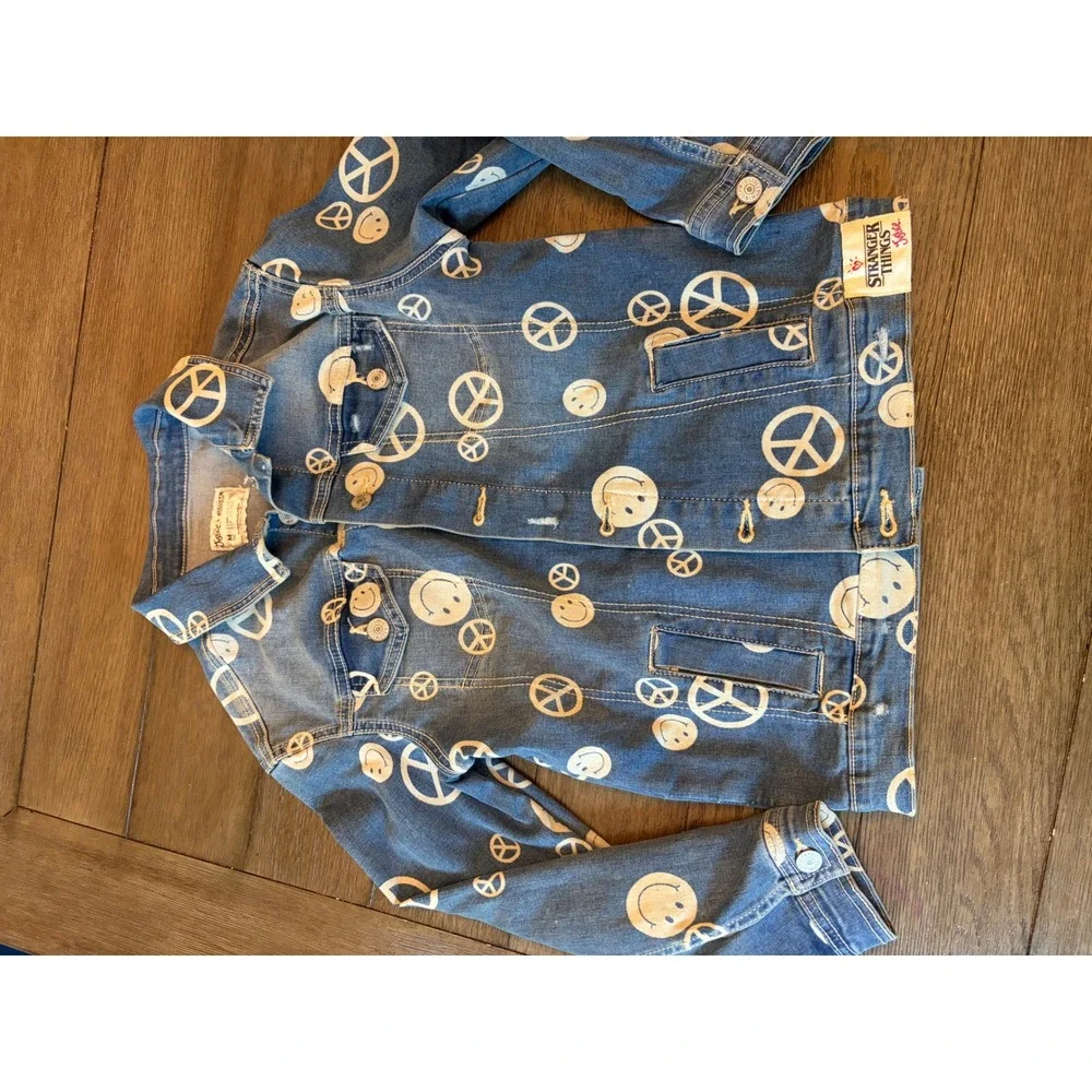 Justice Stranger Things Denim Jacket Kids Size 10 Peace Smiley Blue Trucker